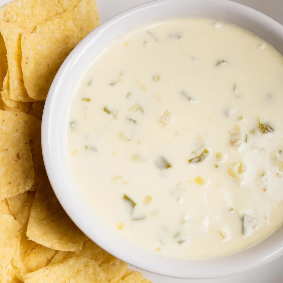 Creamy white queso dip bubbling in a saucepan, served with crispy tortilla chips for dipping