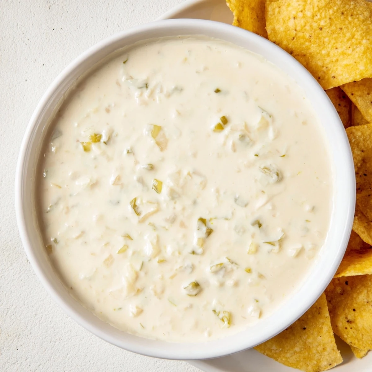 Smooth white queso dip with melted American cheese, green chilies, and diced jalapeños in a bowl