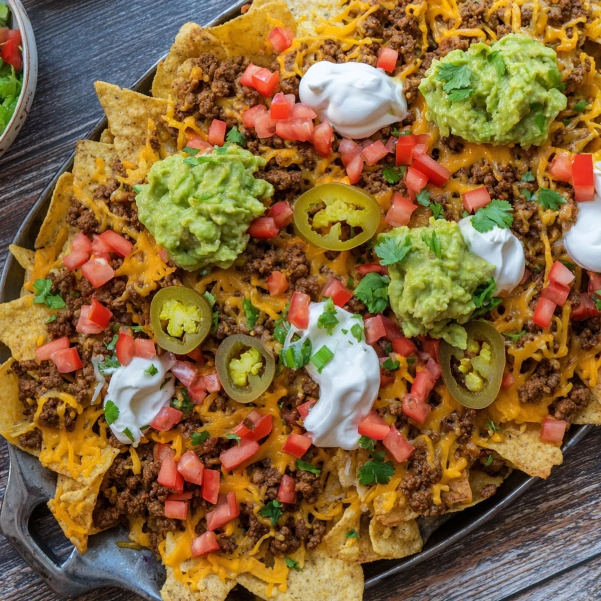 Golden Texas Nachos piled with melted cheddar, seasoned beef, and fresh colorful toppings