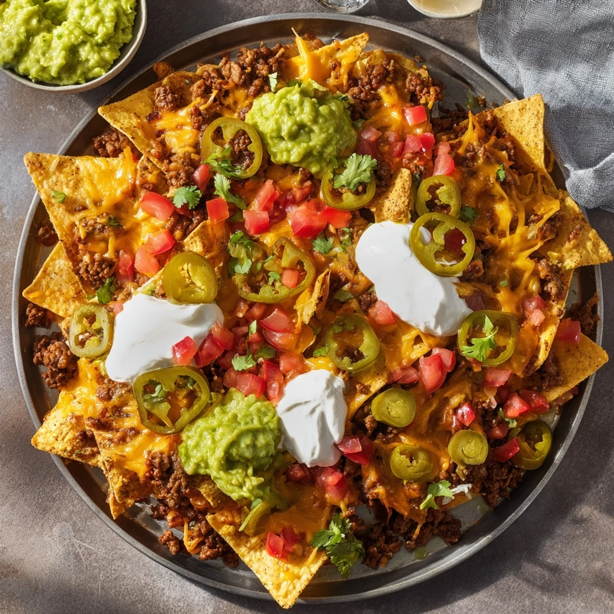 Crispy tortilla chips layered with spiced ground beef and bubbly cheese for Texas Nachos