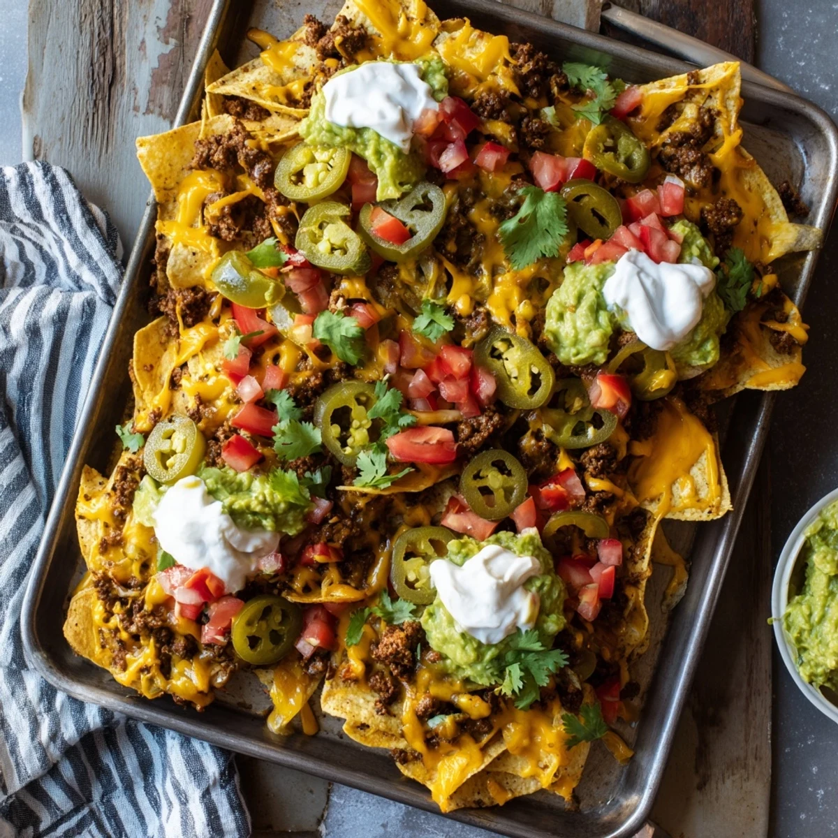 Loaded Texas Nachos topped with jalapeños, cilantro, sour cream, and guacamole ready to serve