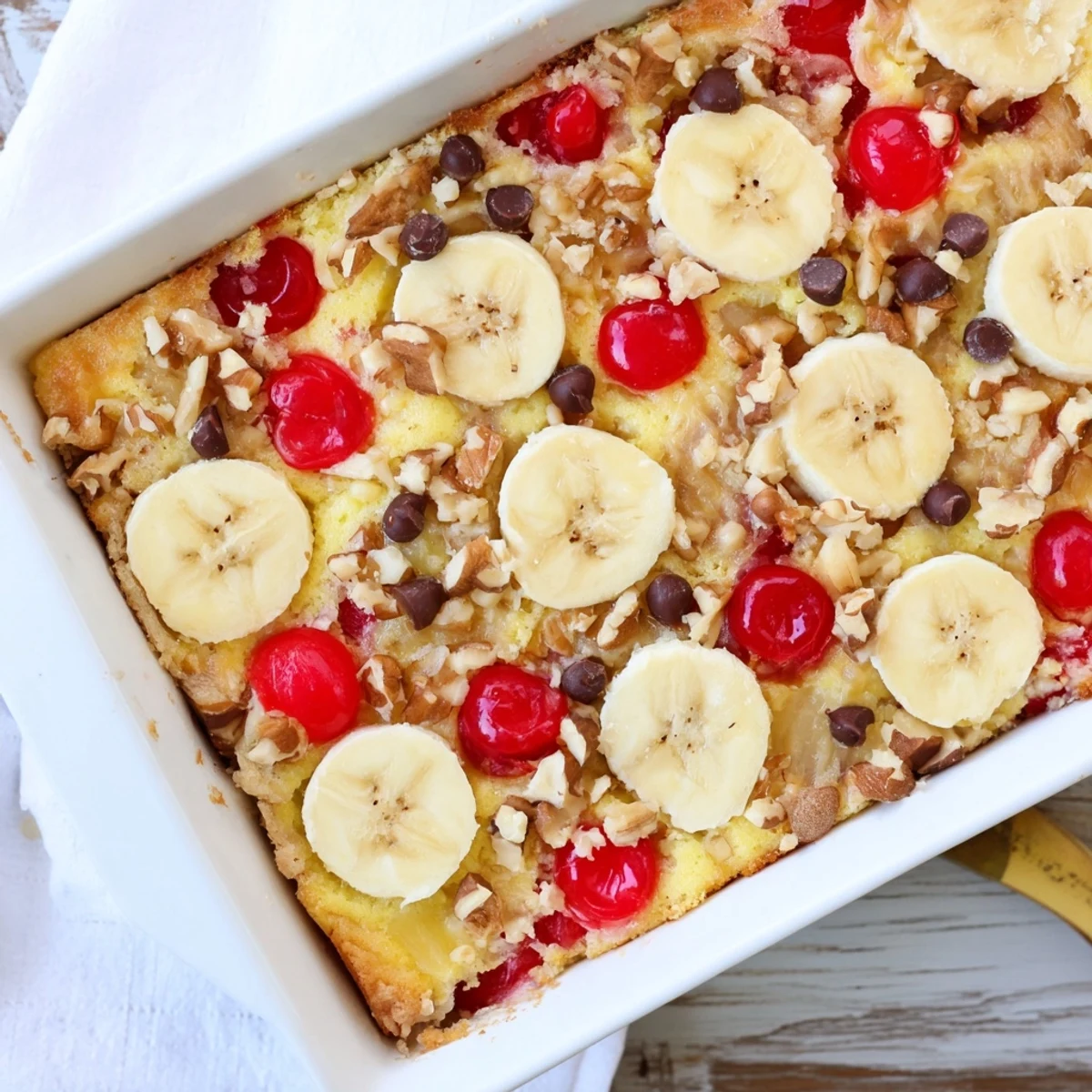Golden banana split dump cake topped with melted butter and whipped cream