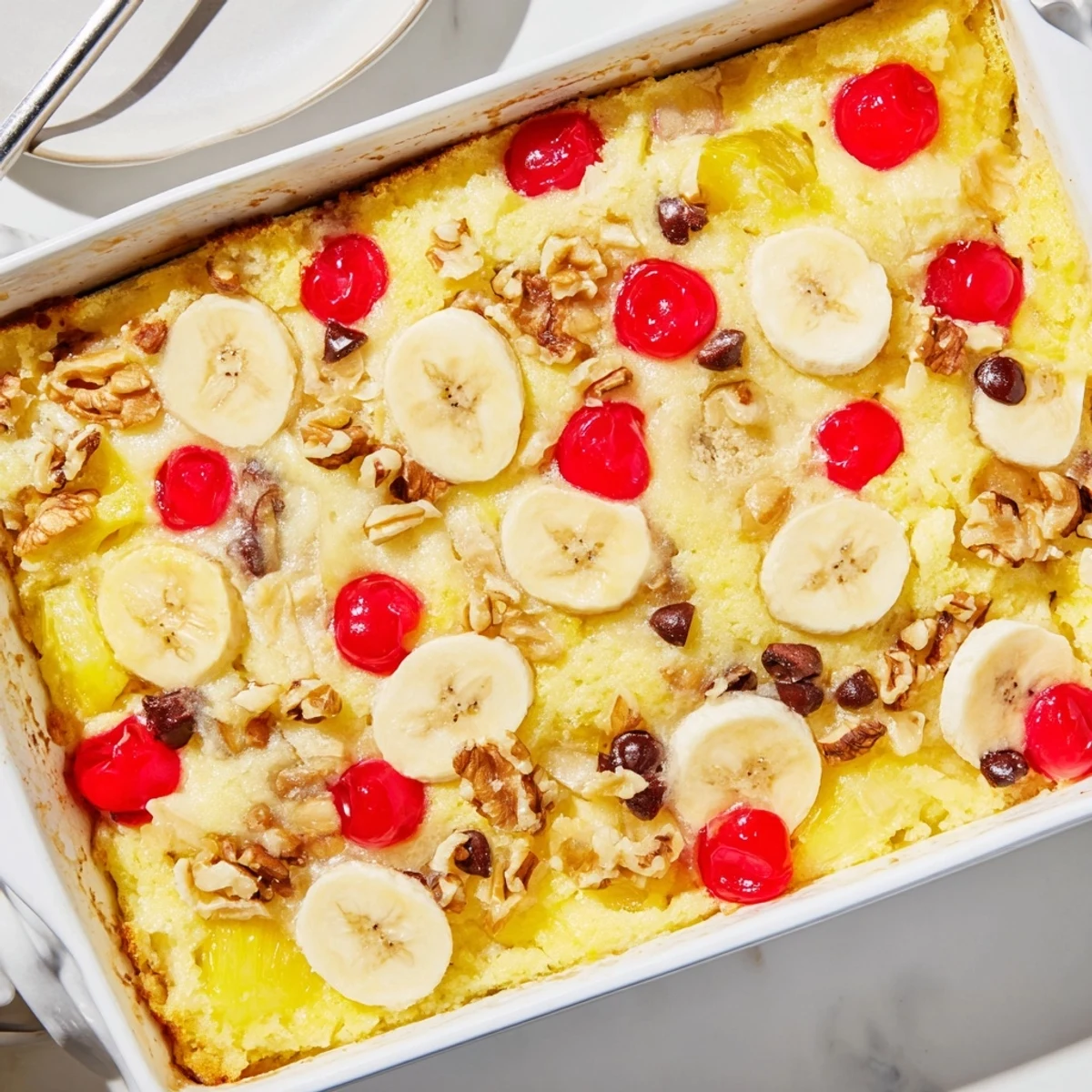 Bubbling 9x13 pan of banana split dump cake with cherry and chocolate layers