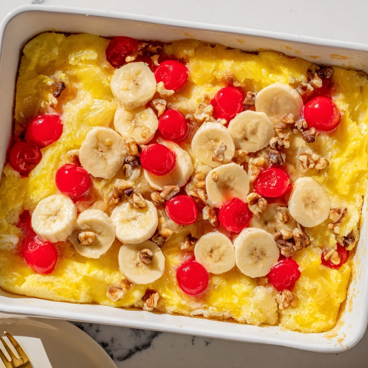 Sliced banana and pineapple layered in banana split dump cake drizzled with chocolate syrup