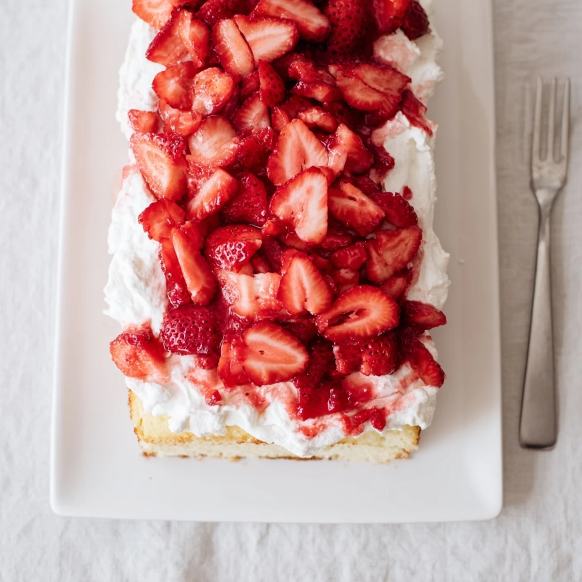 Rustic rectangular vanilla cake layered with sweet macerated strawberries and clouds of homemade whipped topping