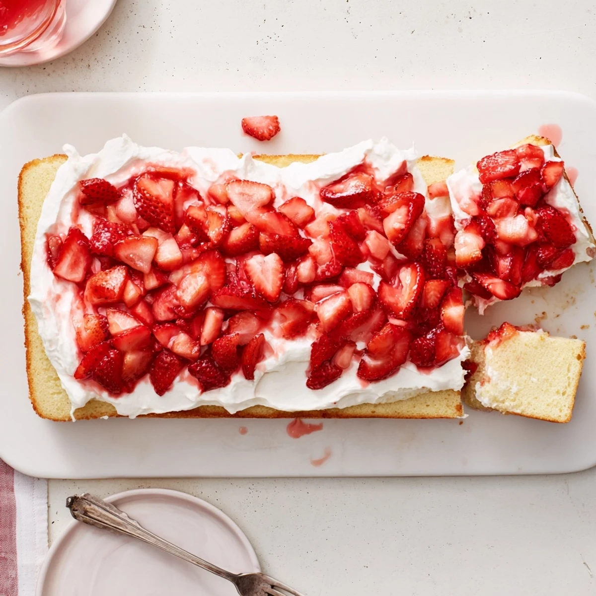 Golden strawberry shortcake sheet cake topped with fluffy whipped cream and fresh juicy red berries