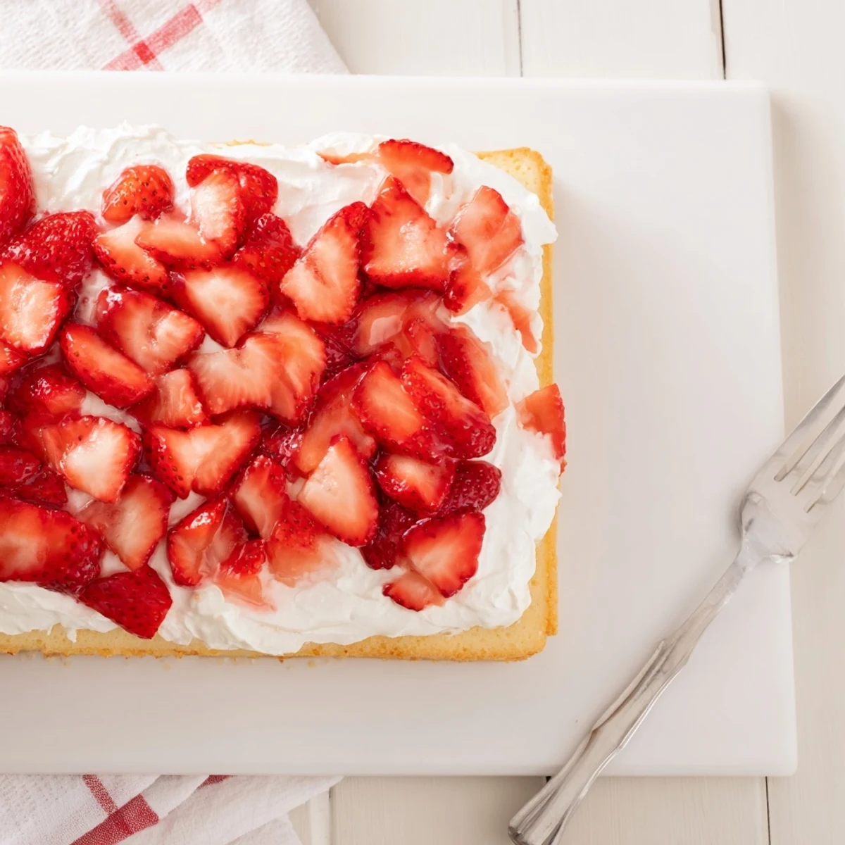 Crowd-pleasing strawberry shortcake sheet cake slice showcasing tender sponge cream and glistening berry garnish