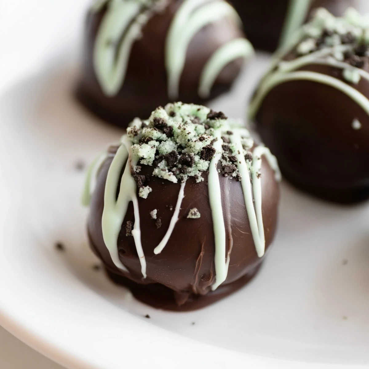 Bite-sized mint Oreo truffles coated in smooth dark chocolate with crushed cookie garnish