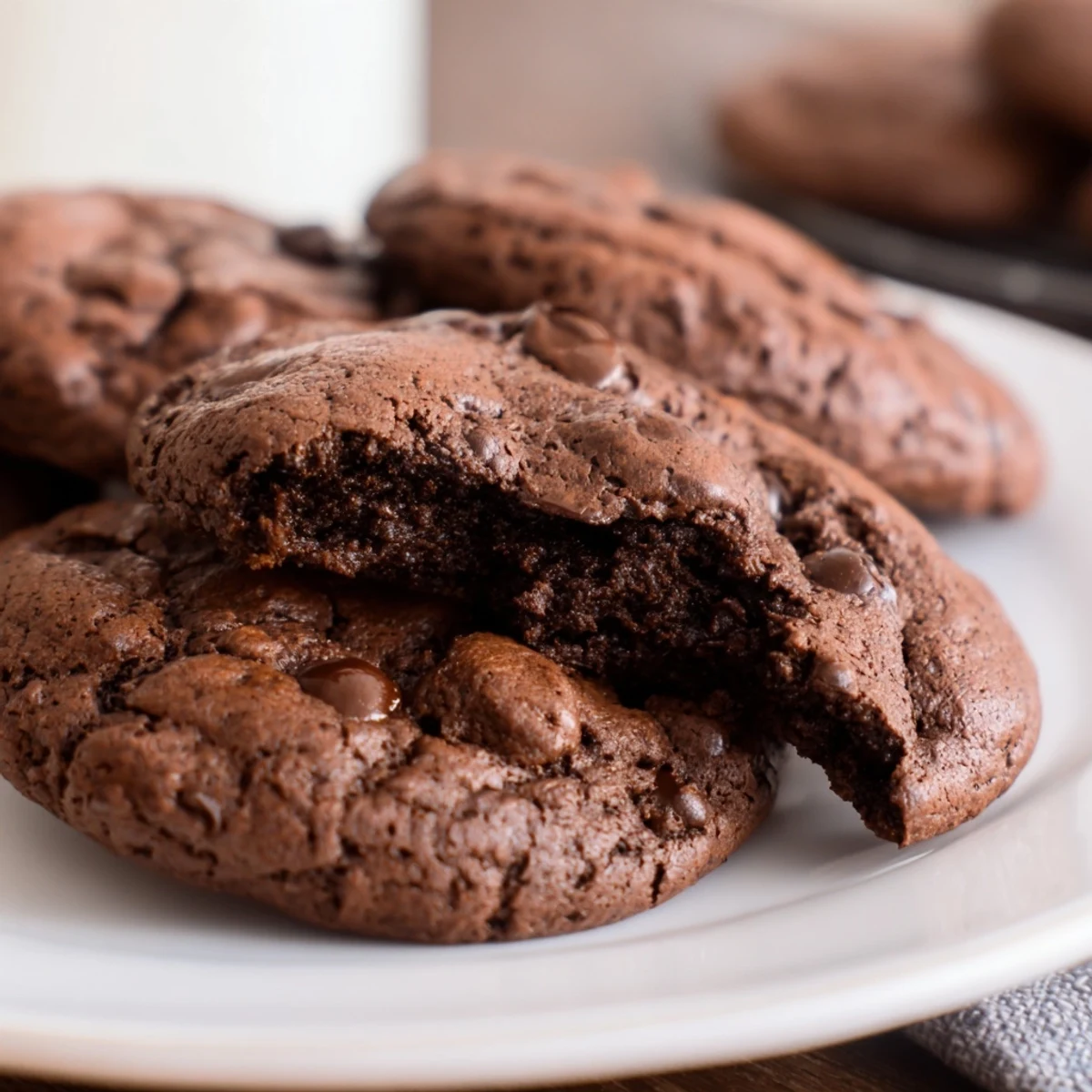 Rich dark chocolate espresso cookies stacked on a white plate with coffee beans