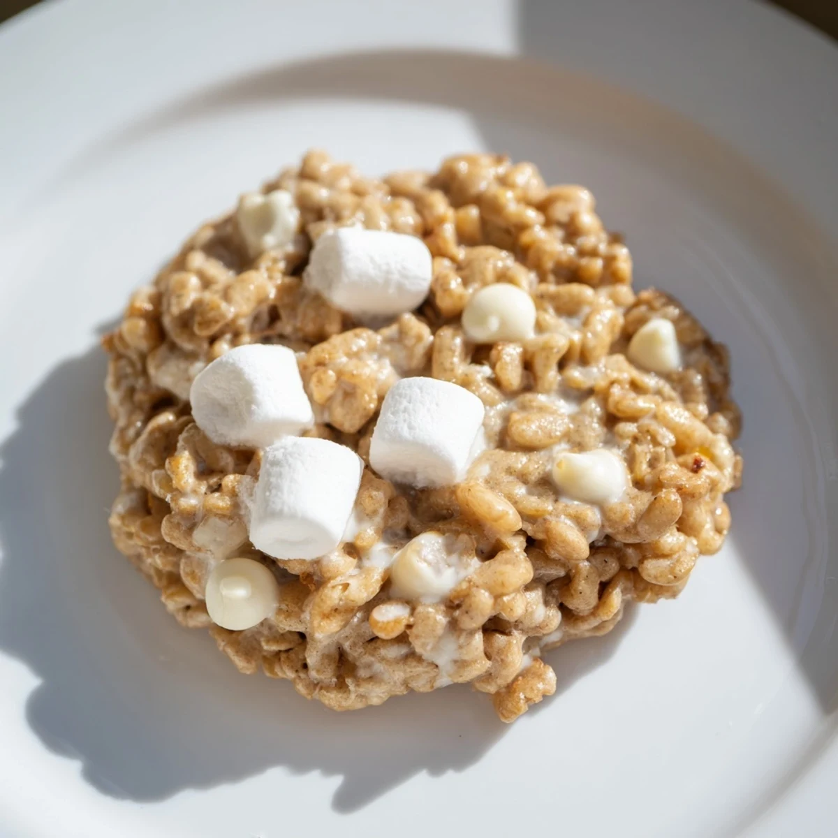 Freshly baked marshmallow crispy cookies copycat featuring golden edges with melted marshmallows and crispy rice cereal
