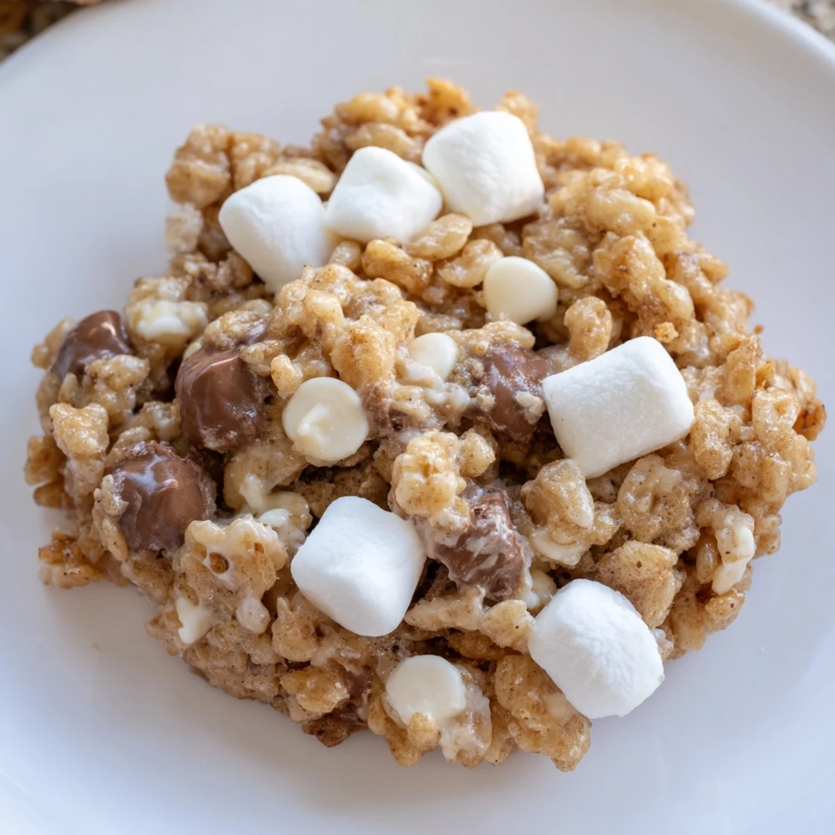 Warm marshmallow crispy cookies copycat stacked on wire rack showing gooey marshmallow pockets and buttery vanilla cookie base