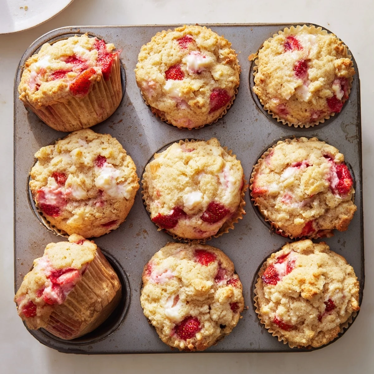 Freshly baked strawberry cream cheese muffins with golden tops and juicy red fruit pieces visible