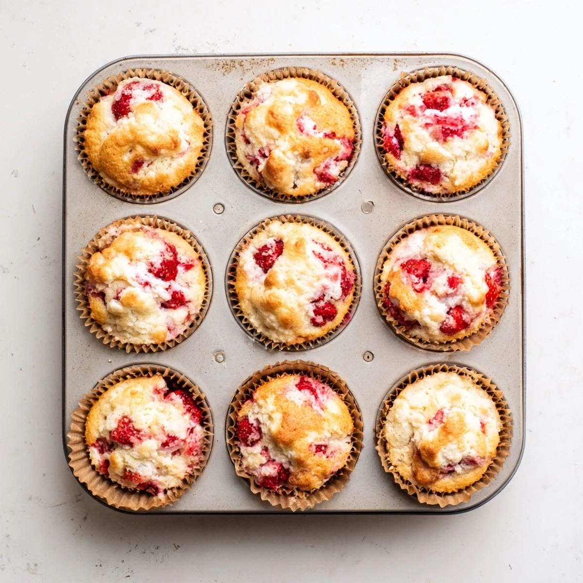 Warm strawberry cream cheese muffins on a wire rack with sweet cream cheese center peeking through