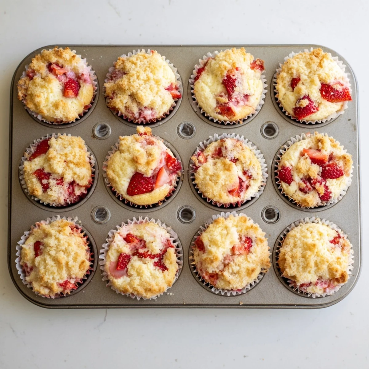 Golden strawberry cream cheese muffins topped with fresh strawberry slices and powdered sugar dusting