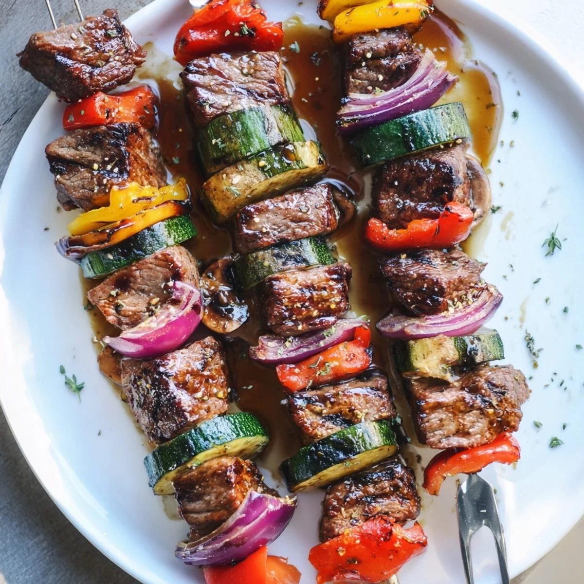 Juicy, charred Steak Kabobs with colorful peppers and onions, resting on grill
