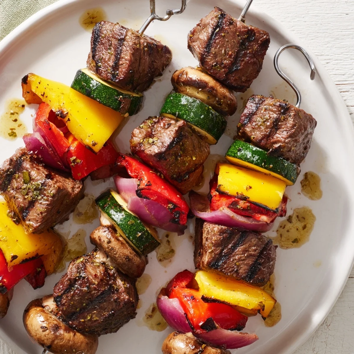 Skewered Steak Kabobs releasing smoky aroma, tender beef and crisp zucchini