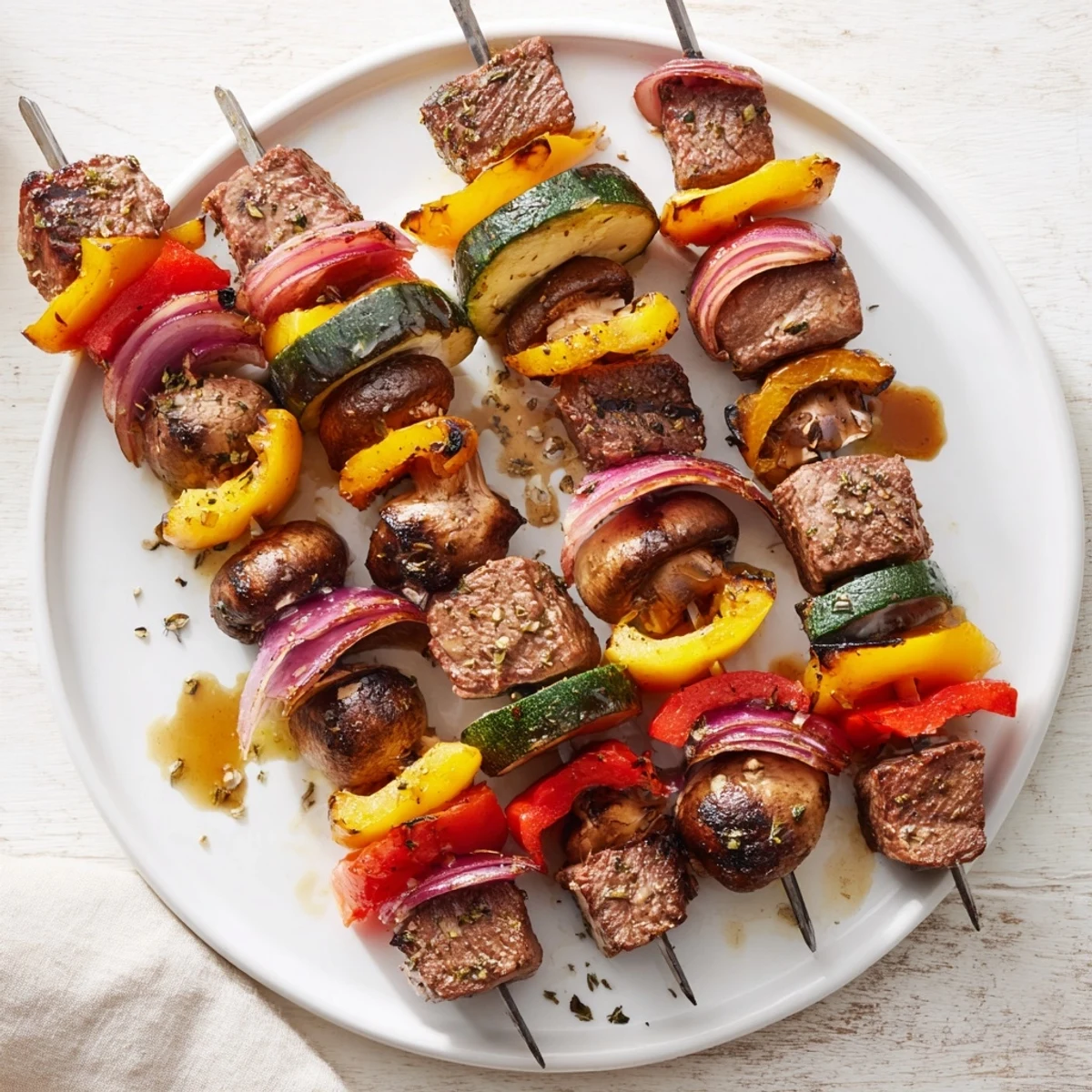 Marinated Steak Kabobs glistening with honey-soy glaze, served over fluffy rice