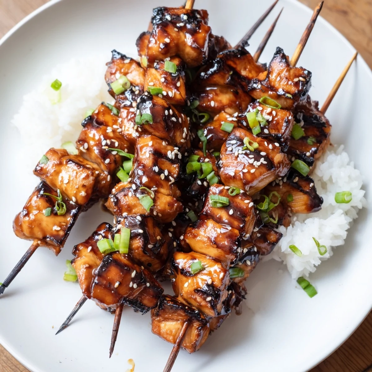 Teriyaki Chicken Skewers glistening with sticky glaze, charred edges and toasted sesame