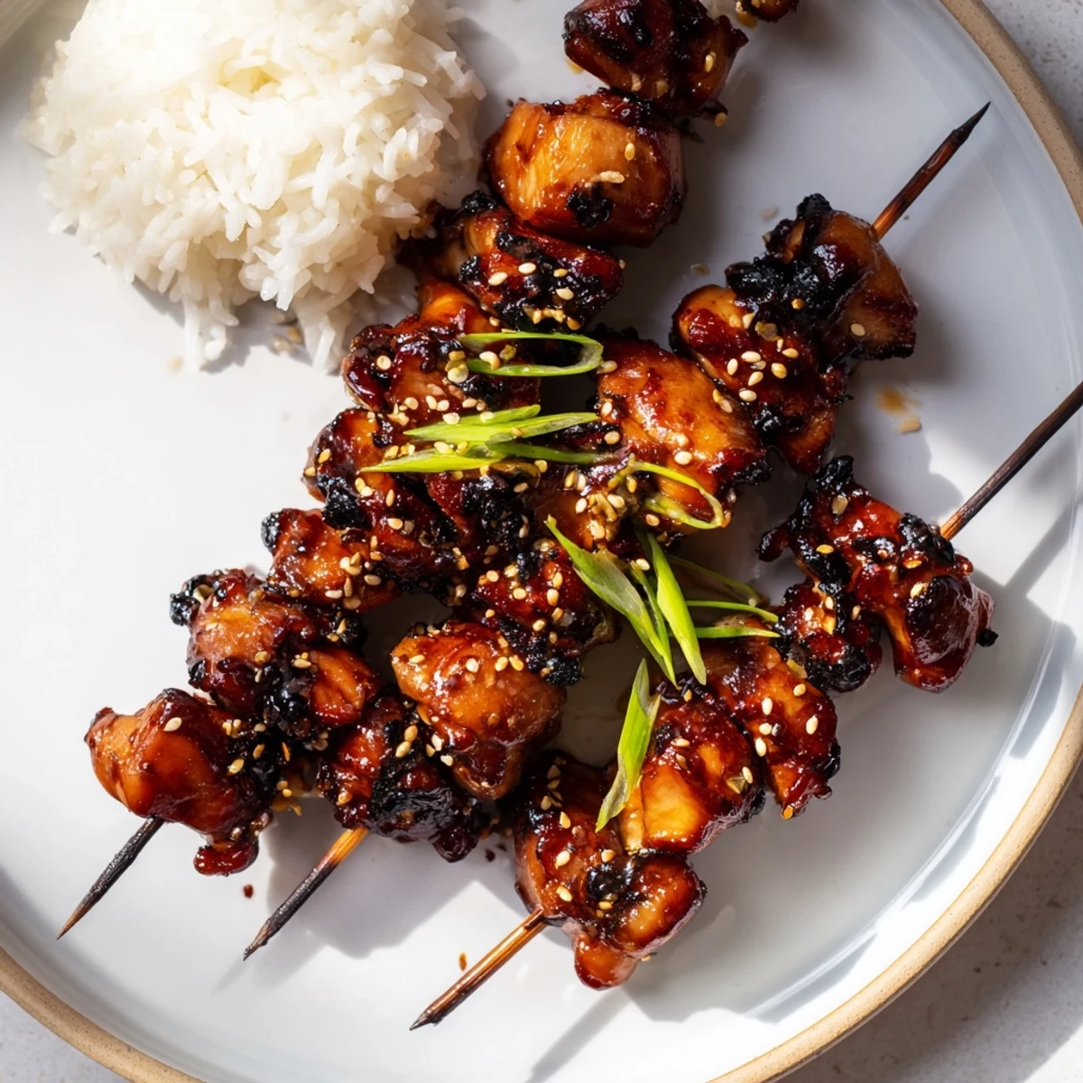 Grilled Teriyaki Chicken Skewers served over steaming rice, sprinkled with scallions