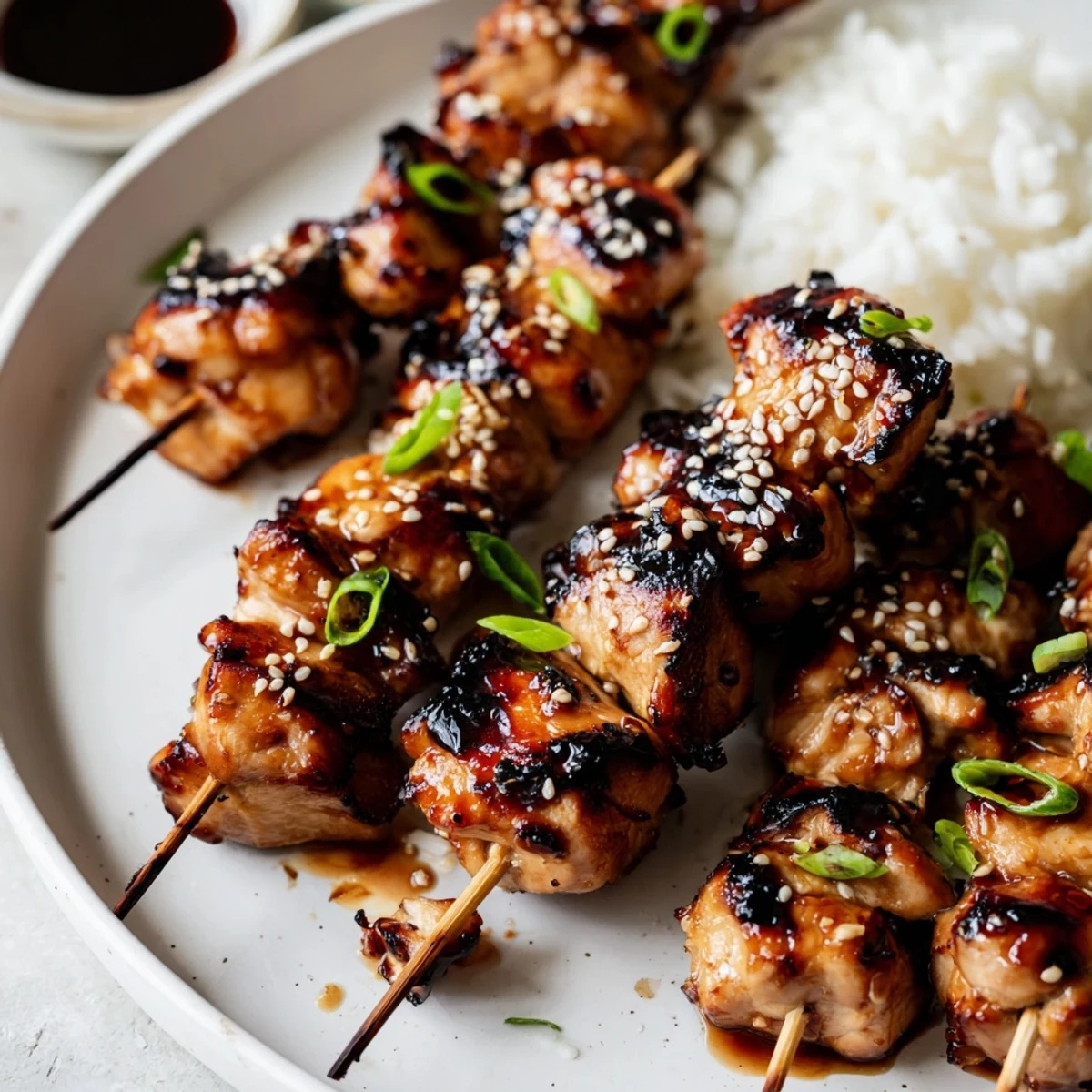 Mouthwatering Teriyaki Chicken Skewers brushed with glossy glaze and sesame seeds