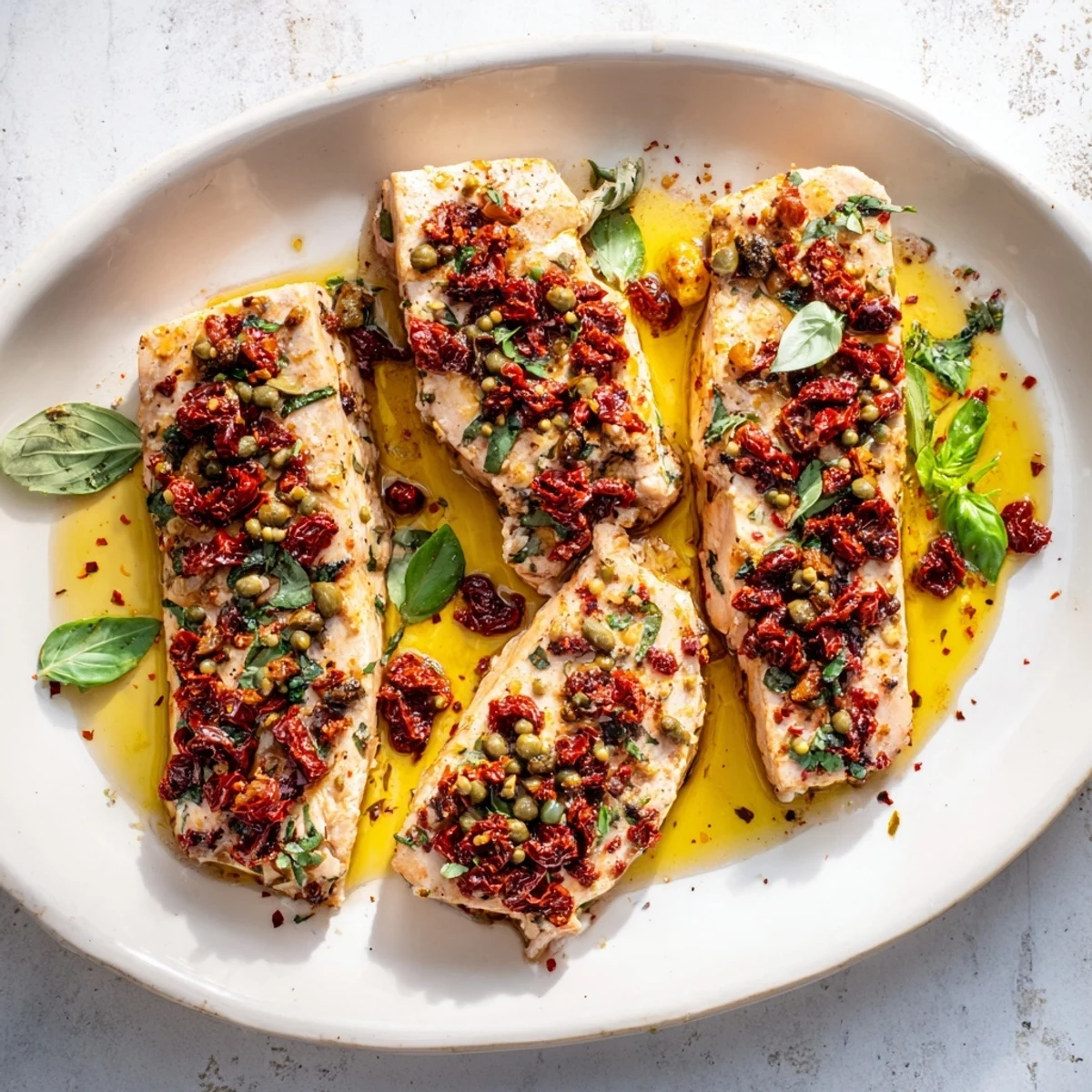 Baked sun-dried tomato basil mahi mahi served on white plate with lemon wedge garnish