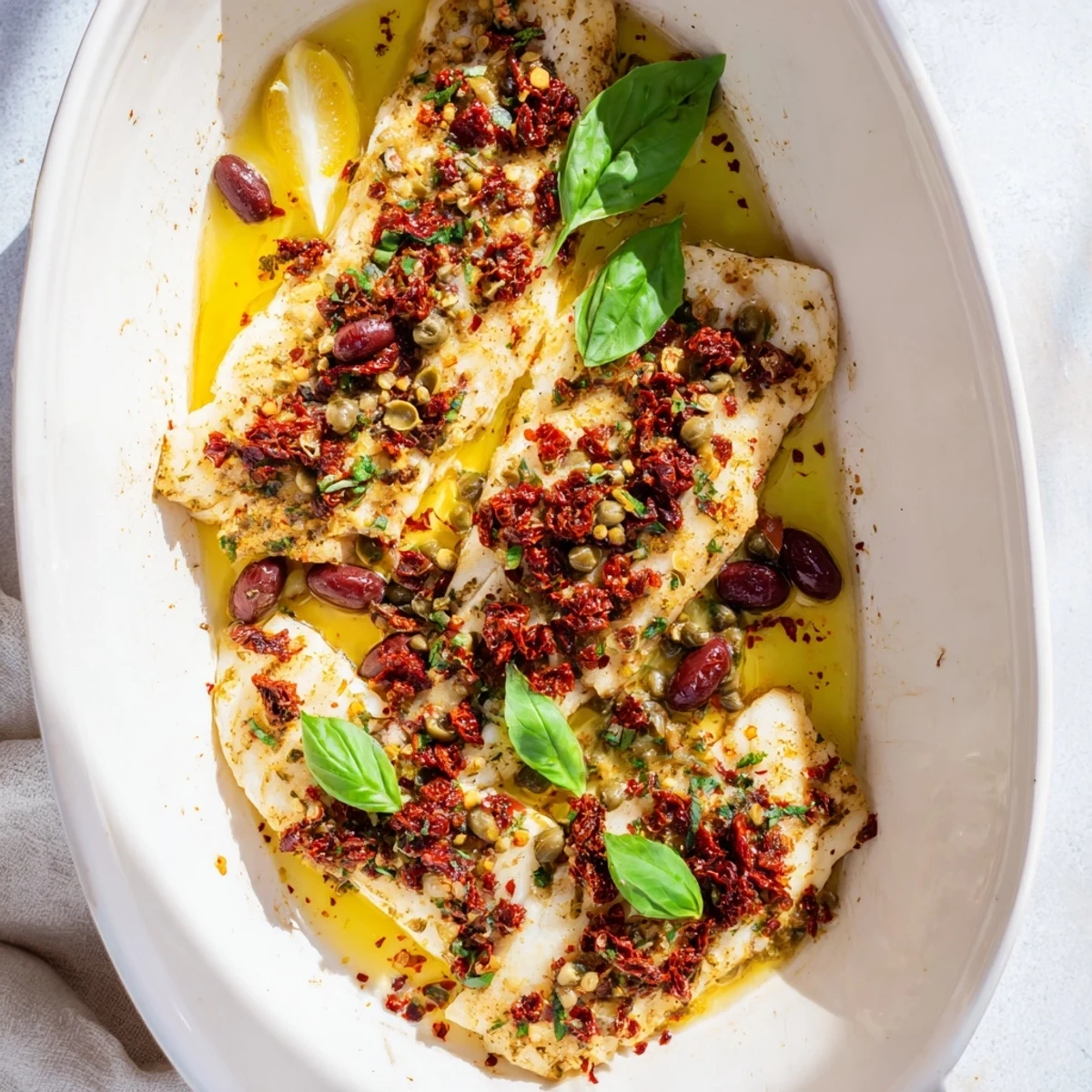 Golden brown mahi mahi fillets topped with vibrant sun-dried tomato and fresh basil medley