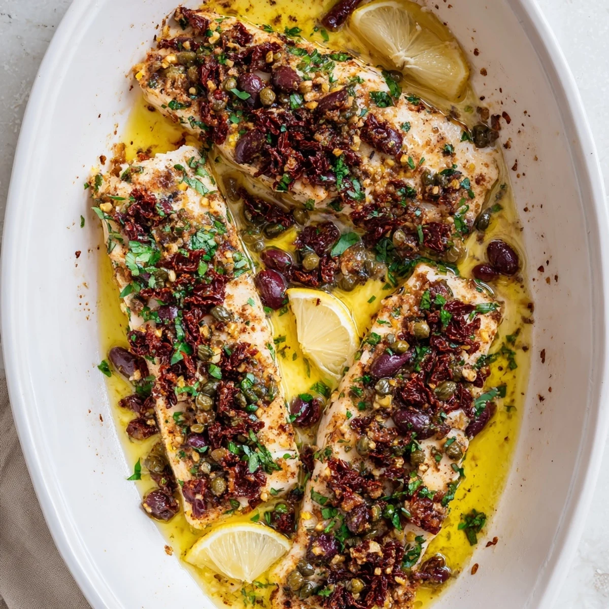 Flaky Mediterranean-style mahi mahi with colorful sun-dried tomato basil crust resting on baking dish