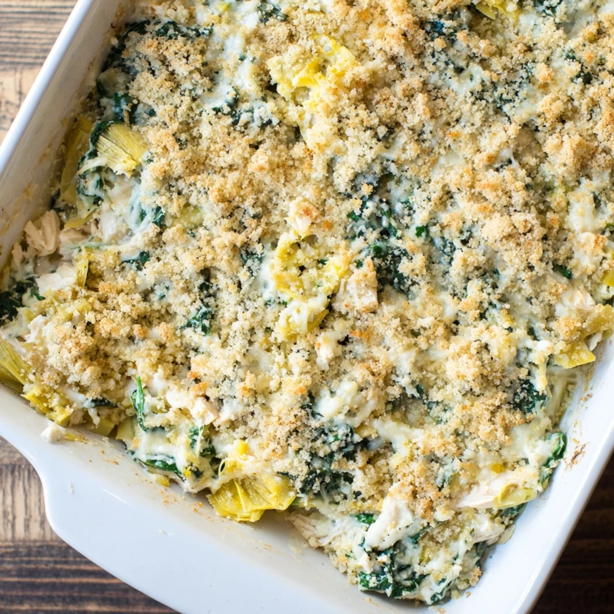 Golden bubbly high protein spinach and artichoke chicken casserole fresh from the oven
