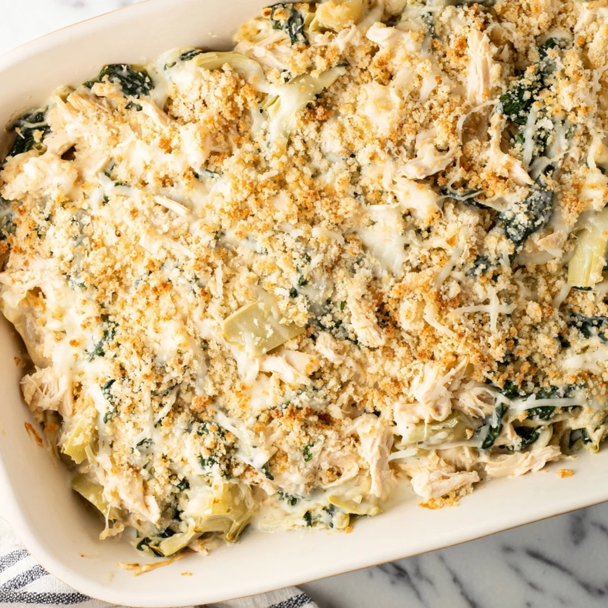 Creamy baked spinach and artichoke chicken casserole topped with melted mozzarella cheese