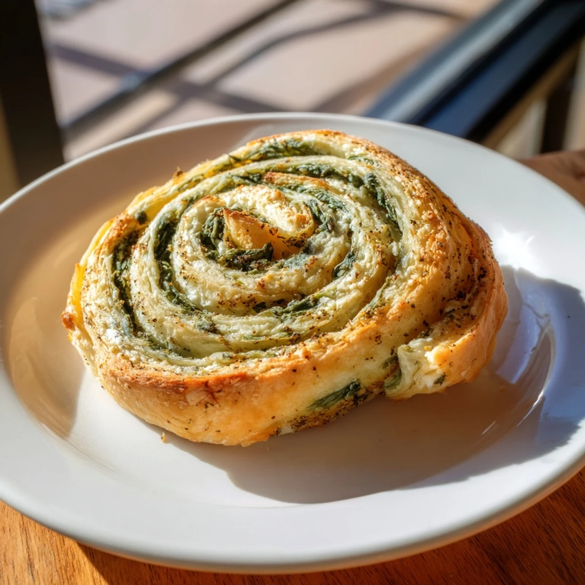 Golden gluten free spinach and feta pinwheels baked on a white serving platter