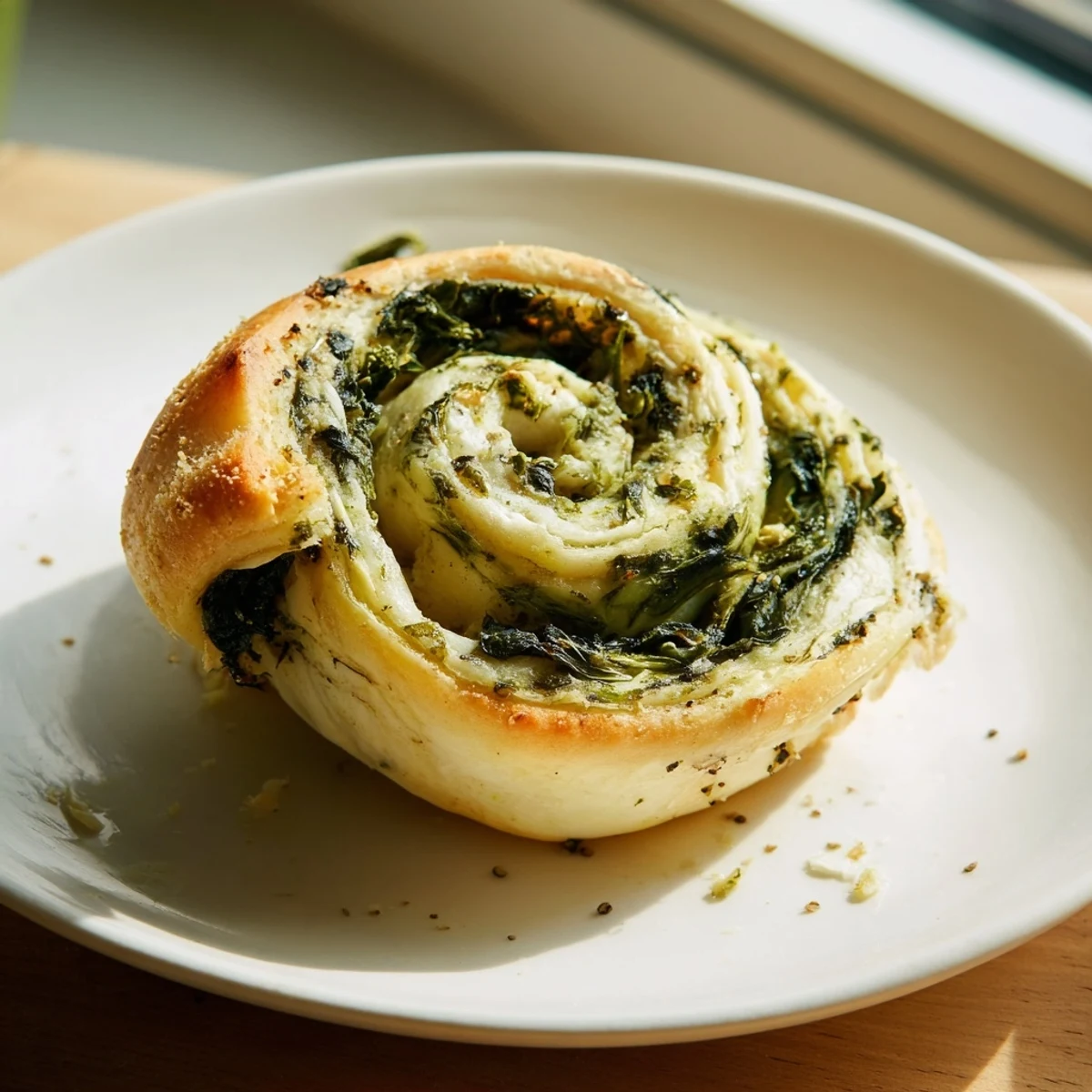 Flaky pastry spirals filled with creamy spinach and feta arranged on parchment paper