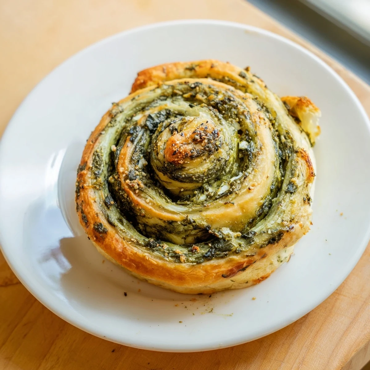 Warm Mediterranean appetizer pinwheels with green spinach flecks served on wooden board