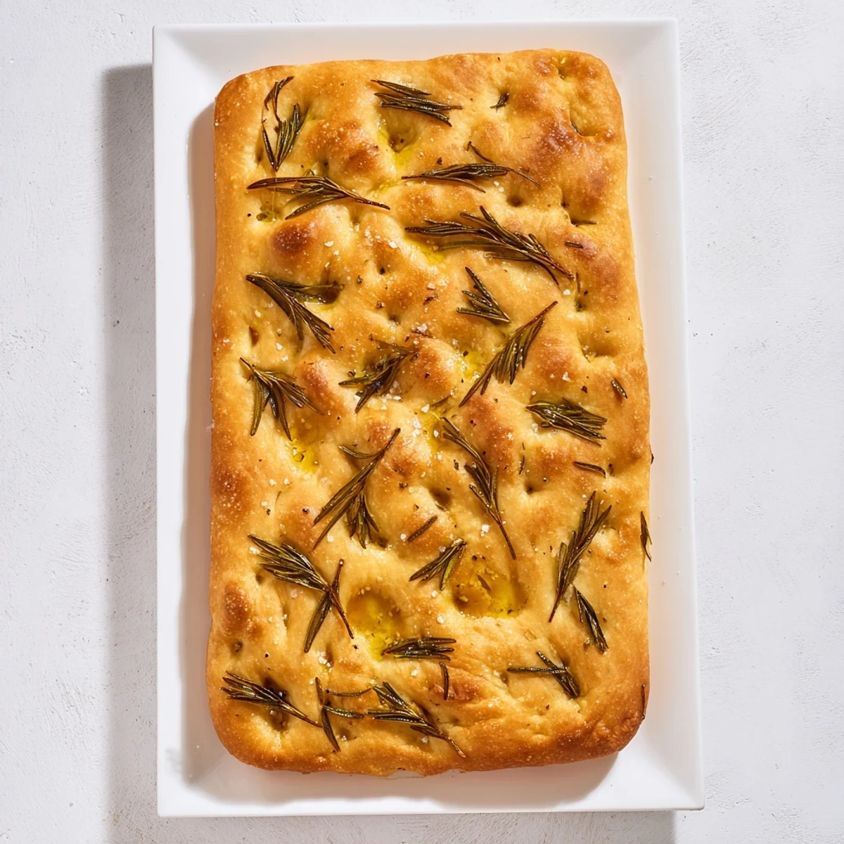 Golden brown Italian focaccia bread topped with fresh rosemary and flaky sea salt