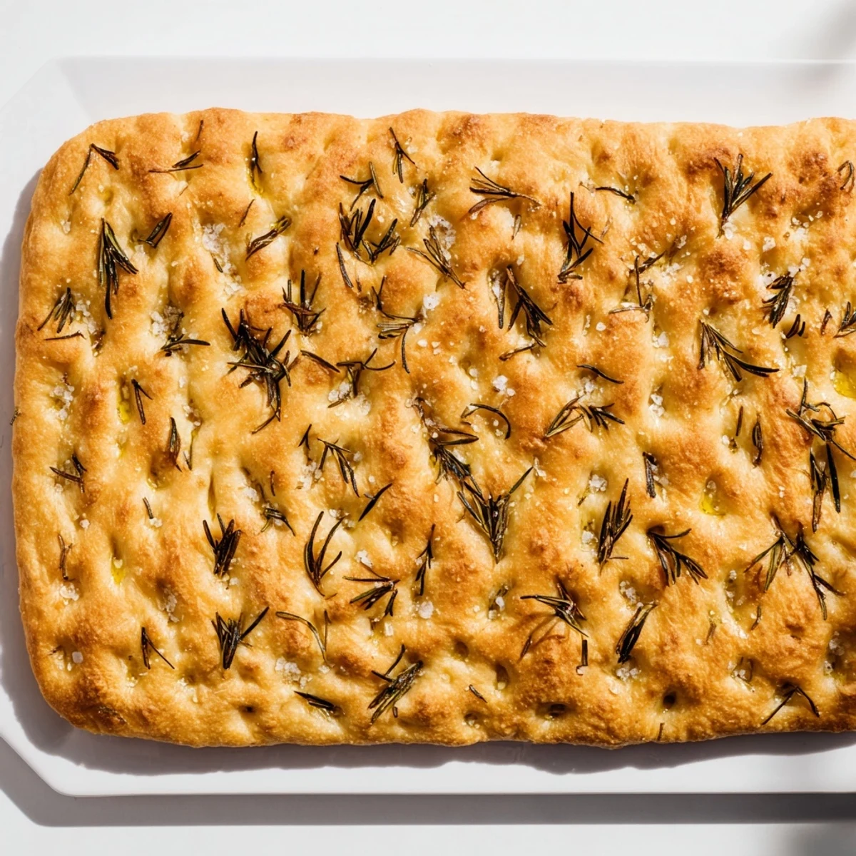 Soft airy focaccia flatbread with herb dimples and crispy olive oil brushed crust