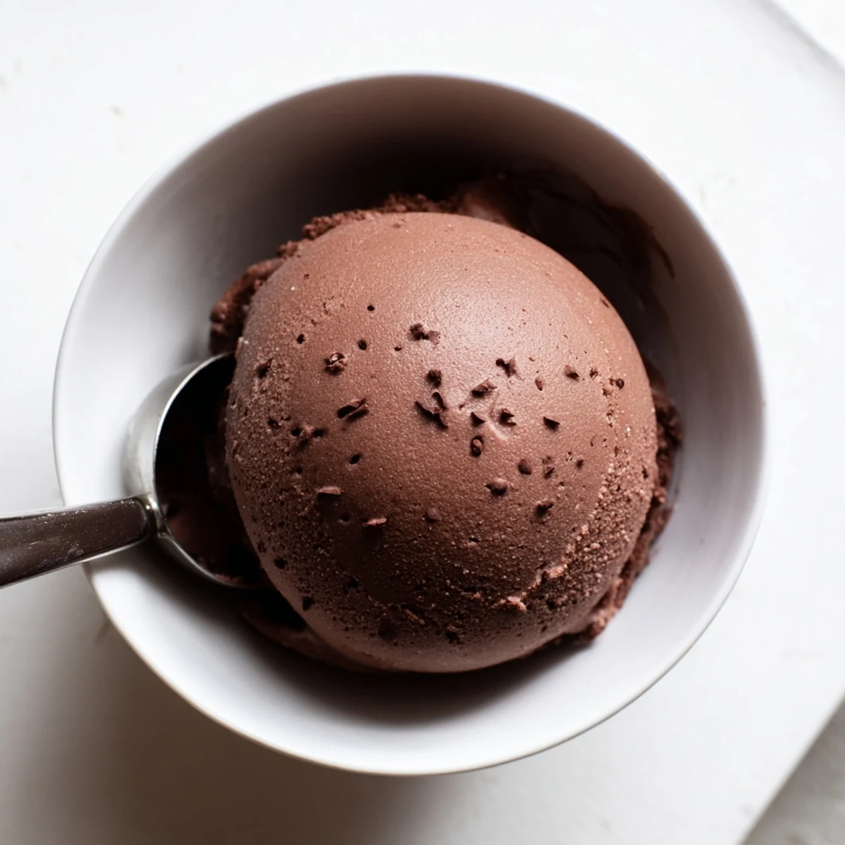 Dark chocolate sourdough ice cream garnished with flaky sea salt and chocolate shavings