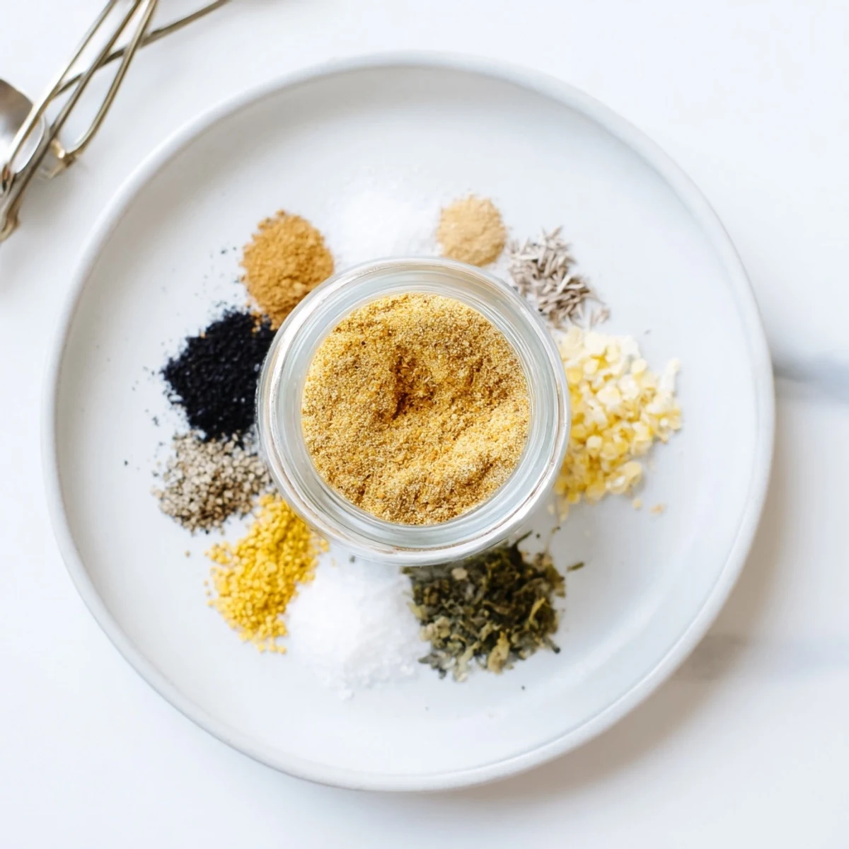 Glass jar filled with aromatic gluten free ramen seasoning powder beside chopsticks