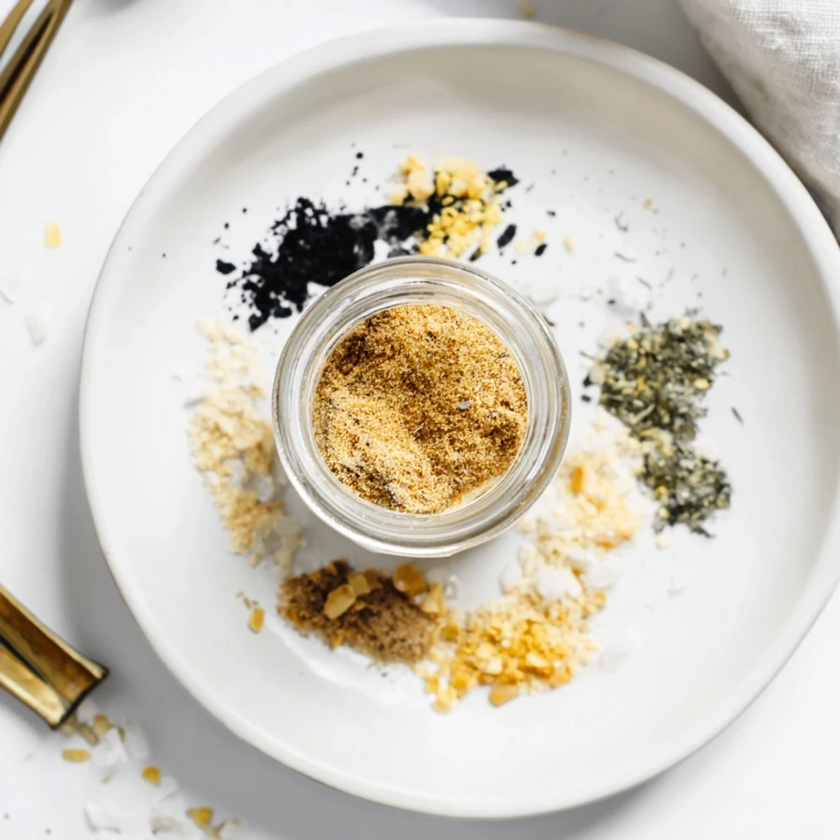 Homemade gluten free ramen seasoning blend sprinkled over steaming bowl of rich broth