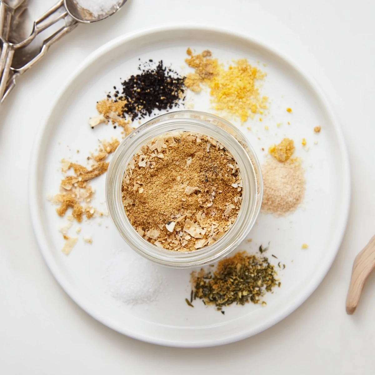 Close up of golden gluten free ramen seasoning mix in small wooden bowl