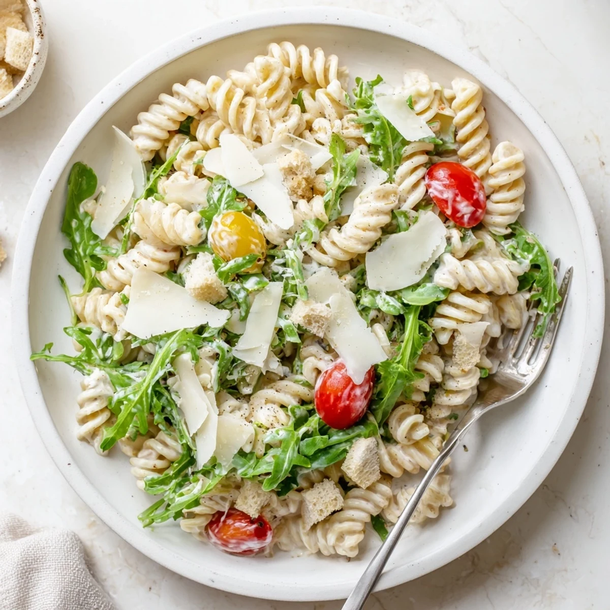Arugula Pasta Caesar Salad with shaved Parmesan, cherry tomatoes, crisp croutons  