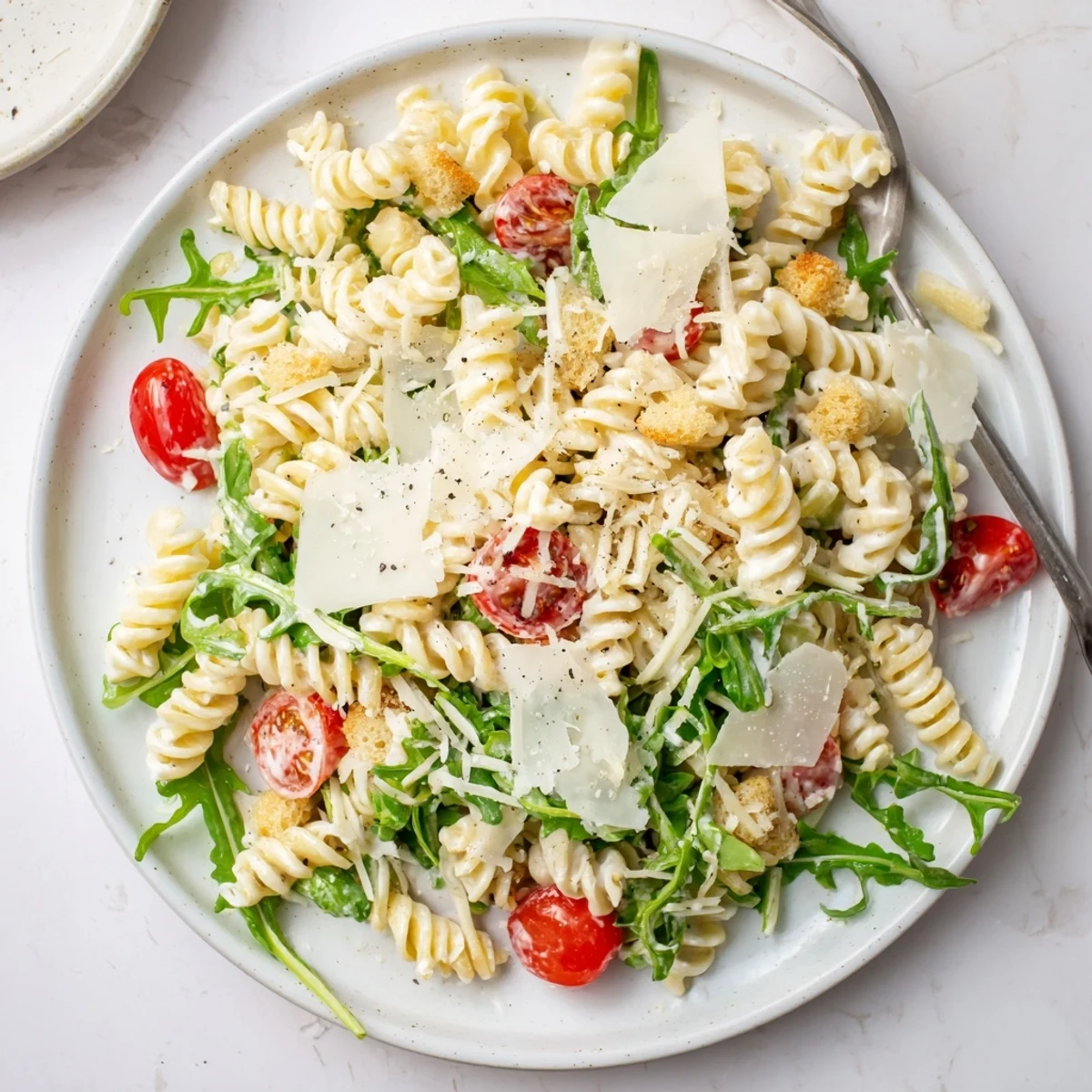 Serve Arugula Pasta Caesar Salad warm or chilled for a hearty lunch