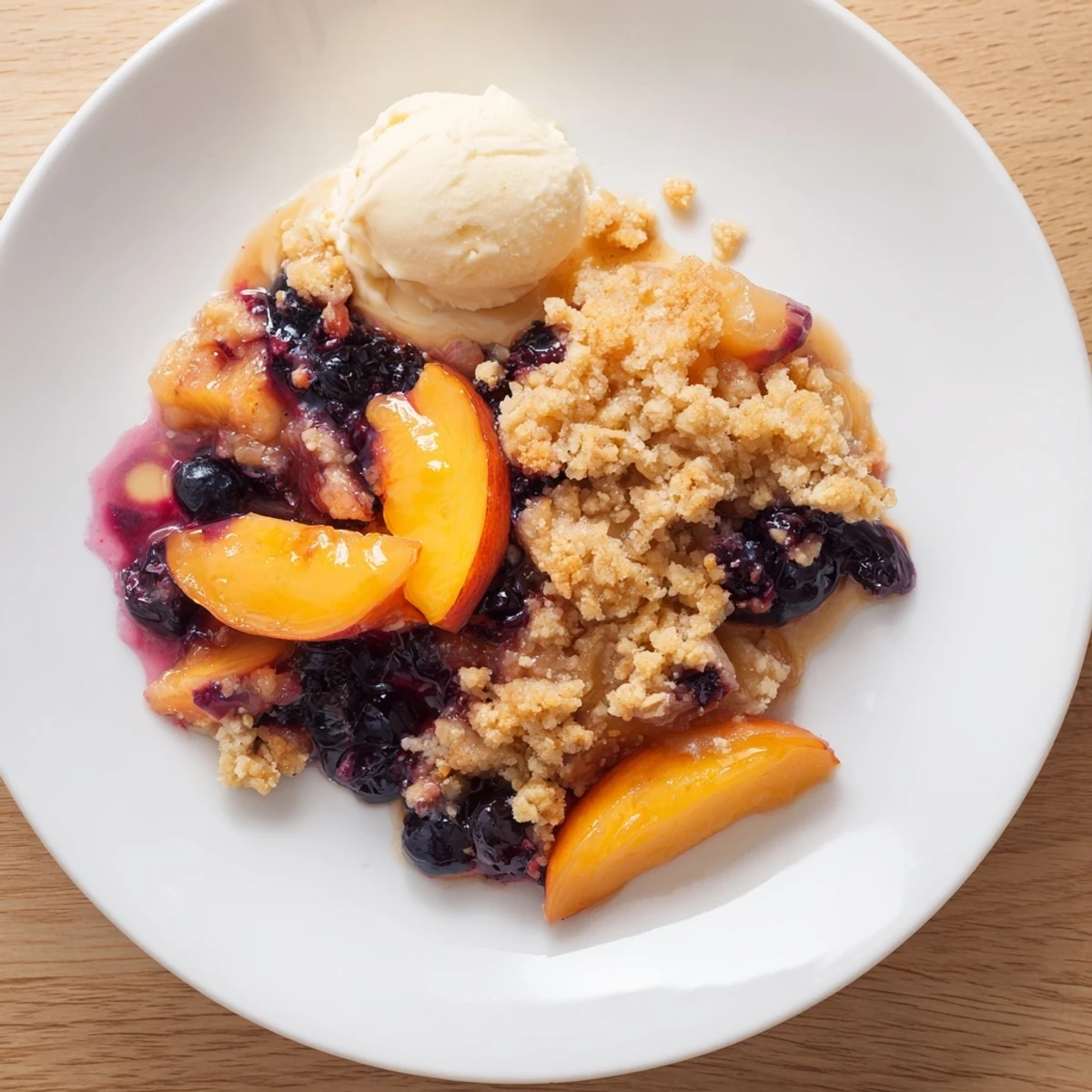 Steaming Blueberry Peach Crumble on spoon, tangy berries and buttery crisp topping