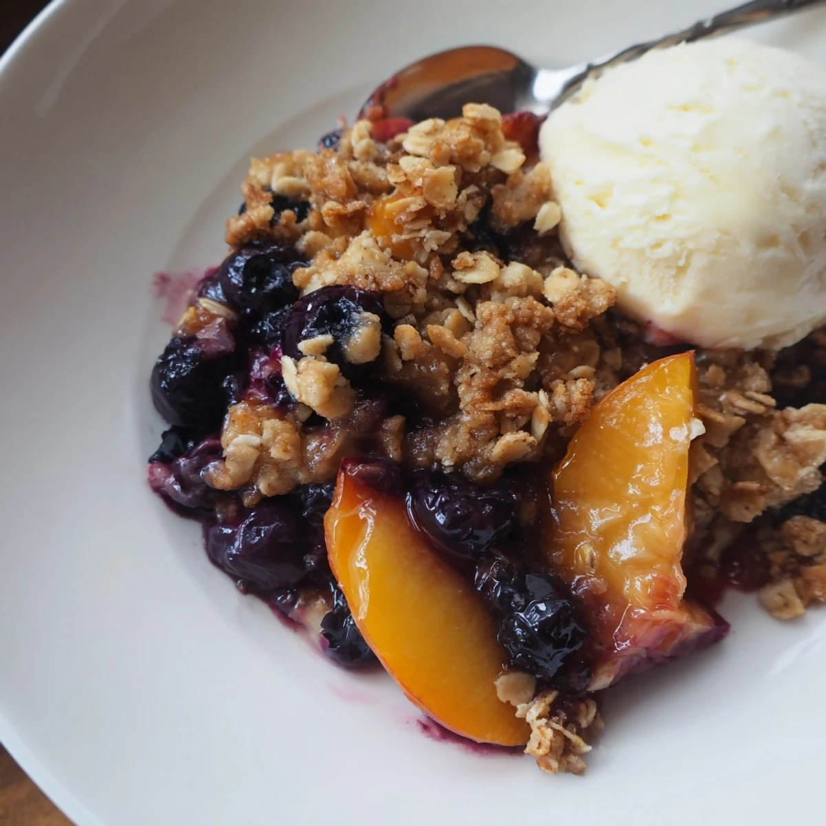 Rustic Blueberry Peach Crumble with oat topping, juicy fruit and cinnamon aroma