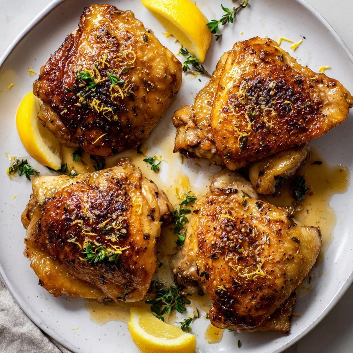Golden, crispy Lemon Pepper Chicken Thighs resting on lemon wedges, parsley garnish.