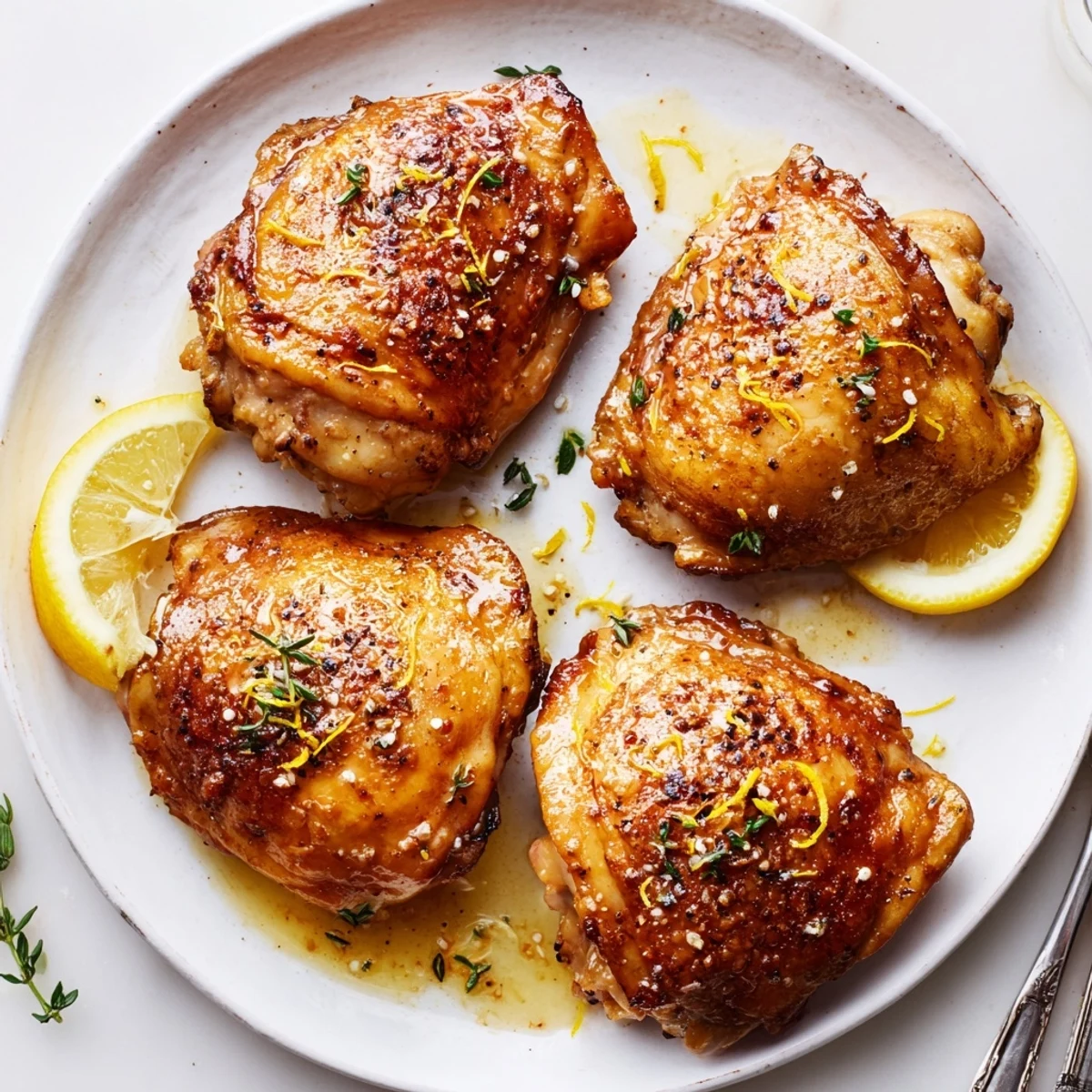 Juicy Lemon Pepper Chicken Thighs marinated in zesty lemon and cracked pepper.