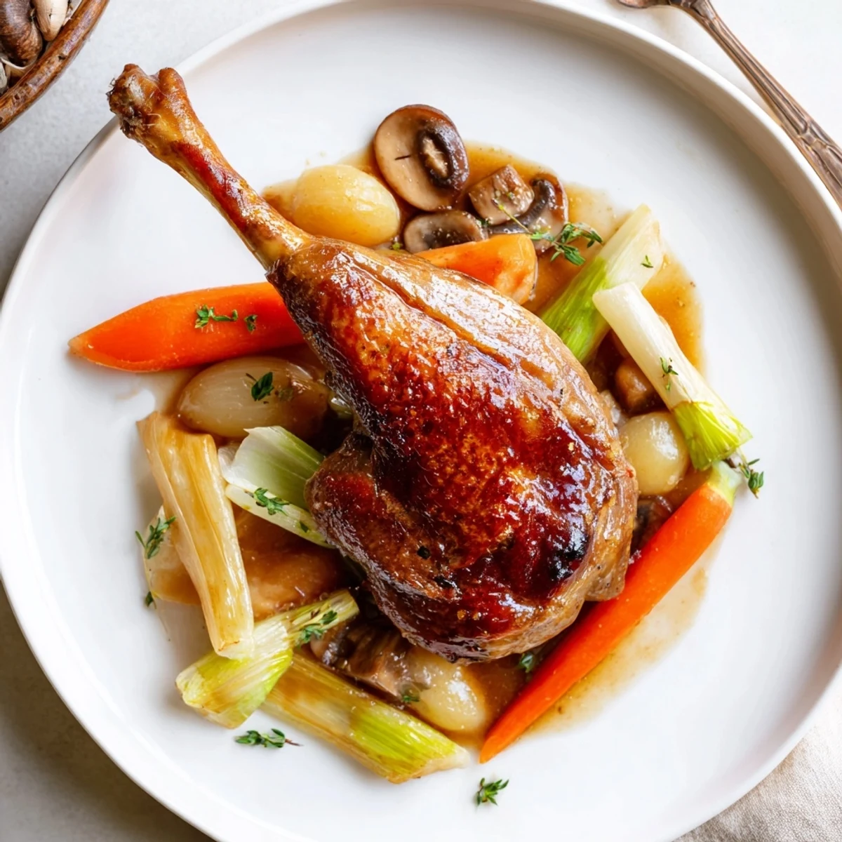 Crispy Braised Duck With Savory Vegetables on a rustic platter, golden crisp skin