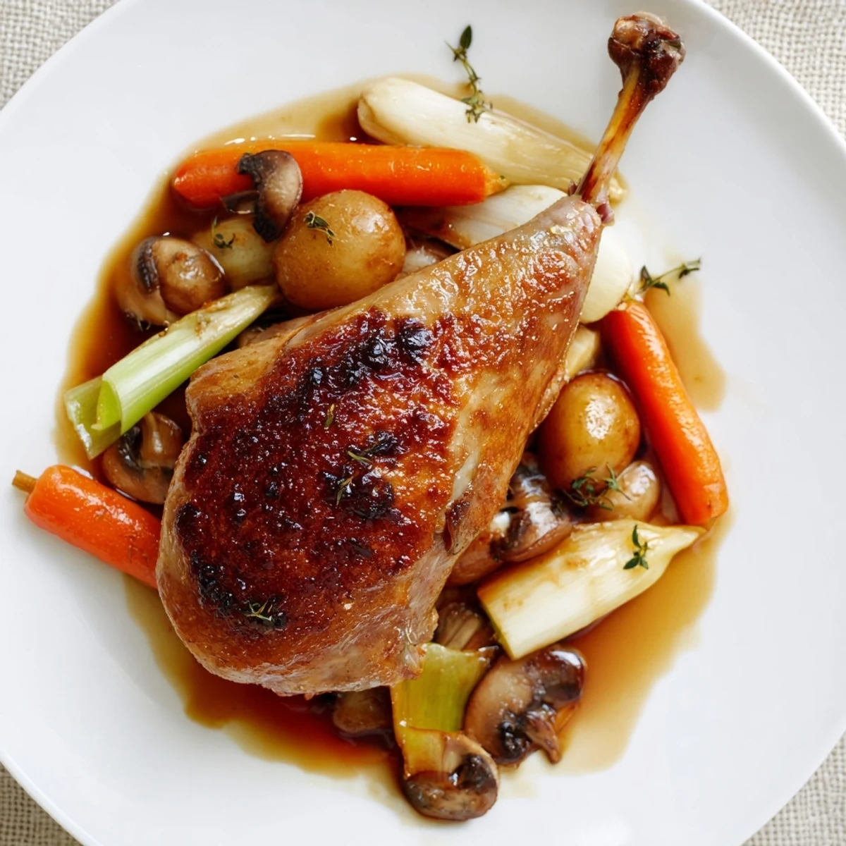 Serving suggestion: Crispy Braised Duck With Savory Vegetables atop mashed potatoes, aromatic thyme