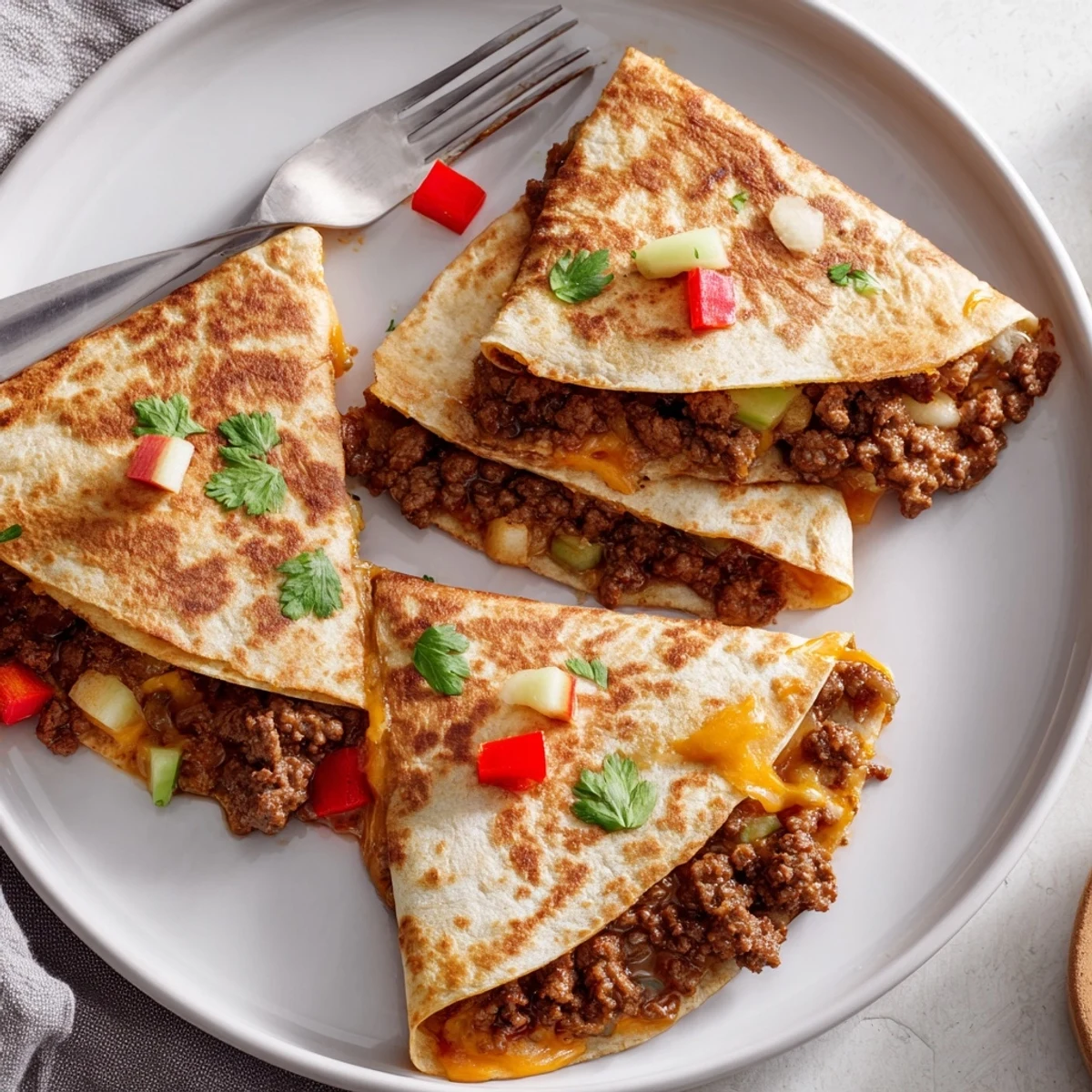 Sweet Savory Beef Quesadillas Recipe with golden, crisp tortillas and gooey cheese