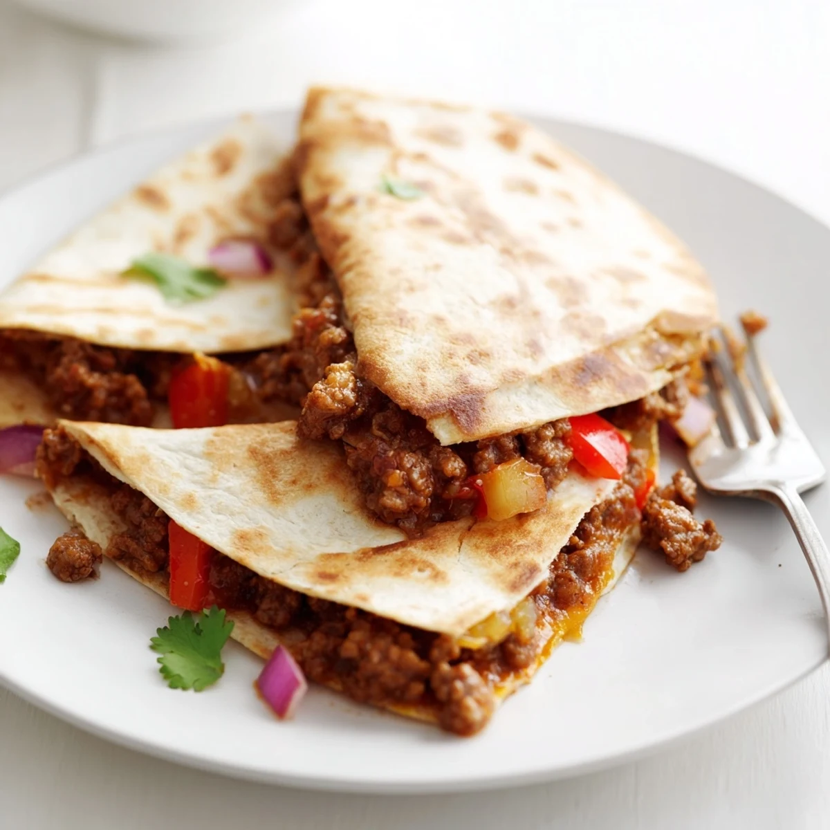 Pan-fried Sweet Savory Beef Quesadillas Recipe served hot with sour cream dip