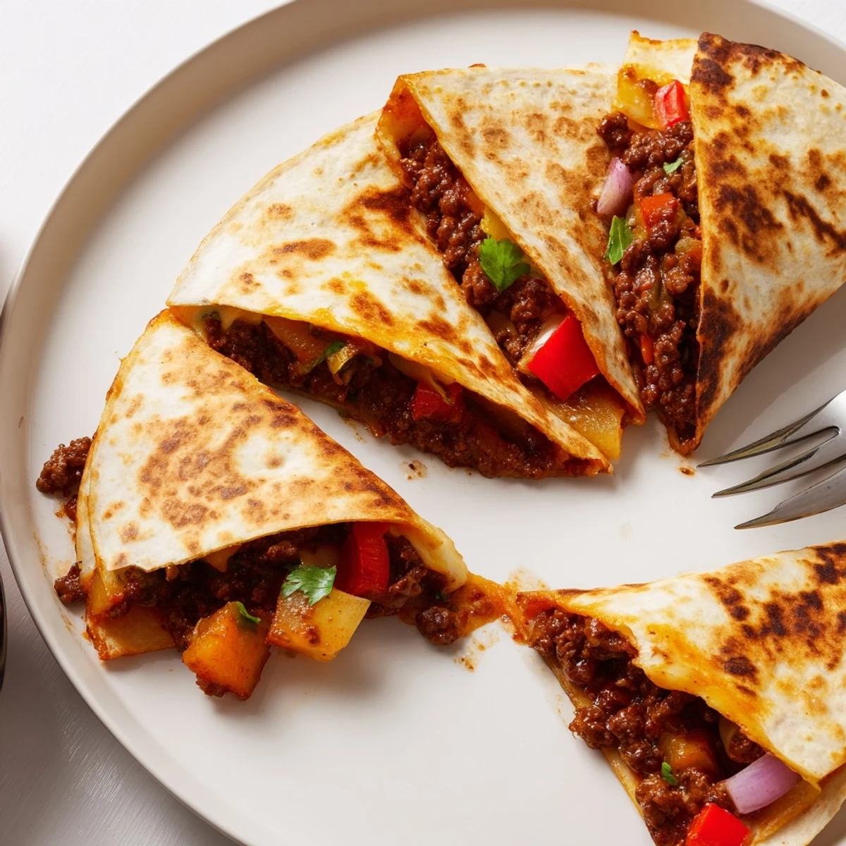 Sliced Sweet Savory Beef Quesadillas Recipe steaming on board, apple and cilantro visible