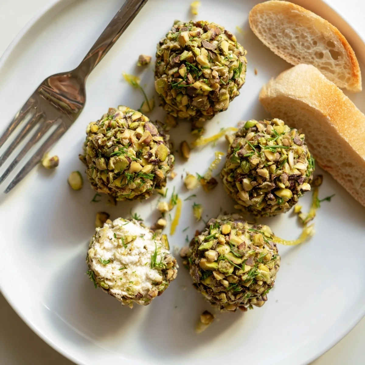 Savory Pistachio Crusted Cheese Bites arranged on platter, crunchy green nut coating